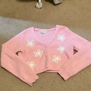Pink Cropped Cardigan with white flowers